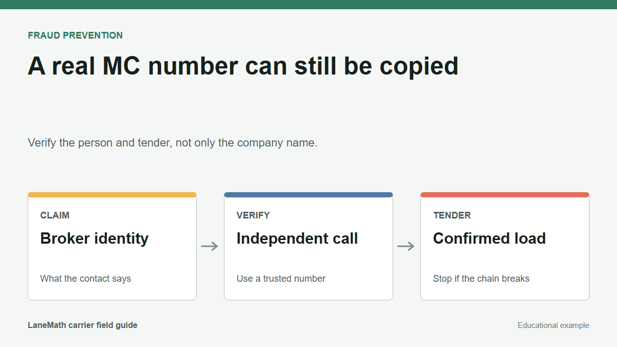 Verification diagram showing a claimed broker identity, independent callback, and confirmed tender