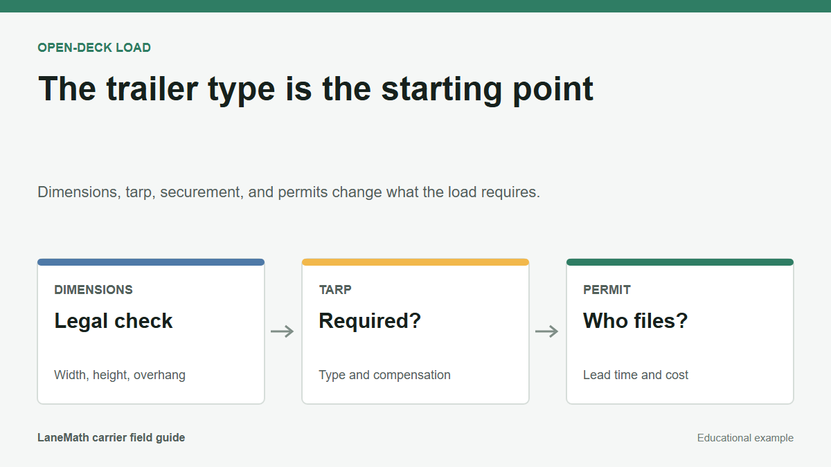 Open-deck load checklist showing dimensions, tarp requirement, and permit responsibility