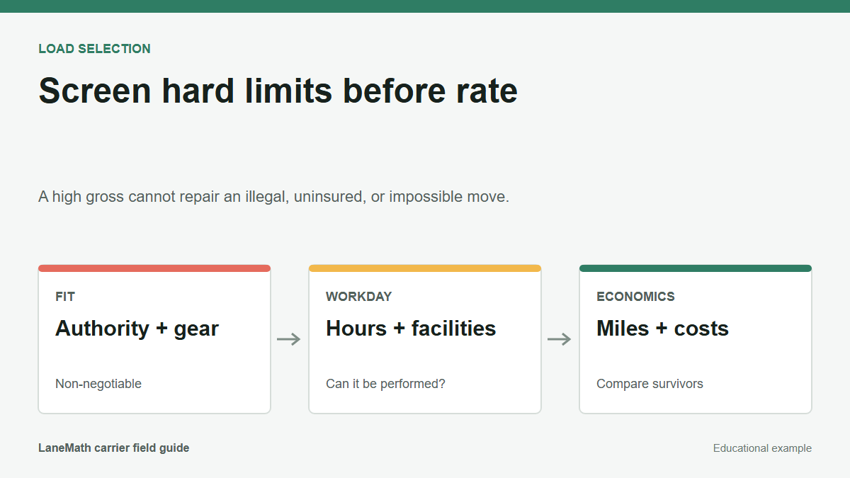 Load-selection diagram checking authority fit, workday feasibility, and economics in order