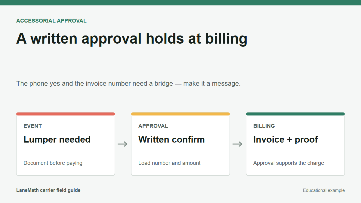 Accessorial approval flow from event to written confirmation to invoice packet