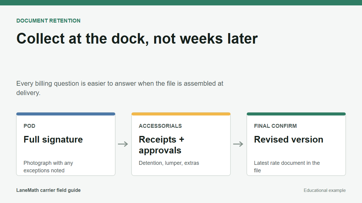Post-delivery document checklist covering POD, accessorial receipts, and final confirmation version