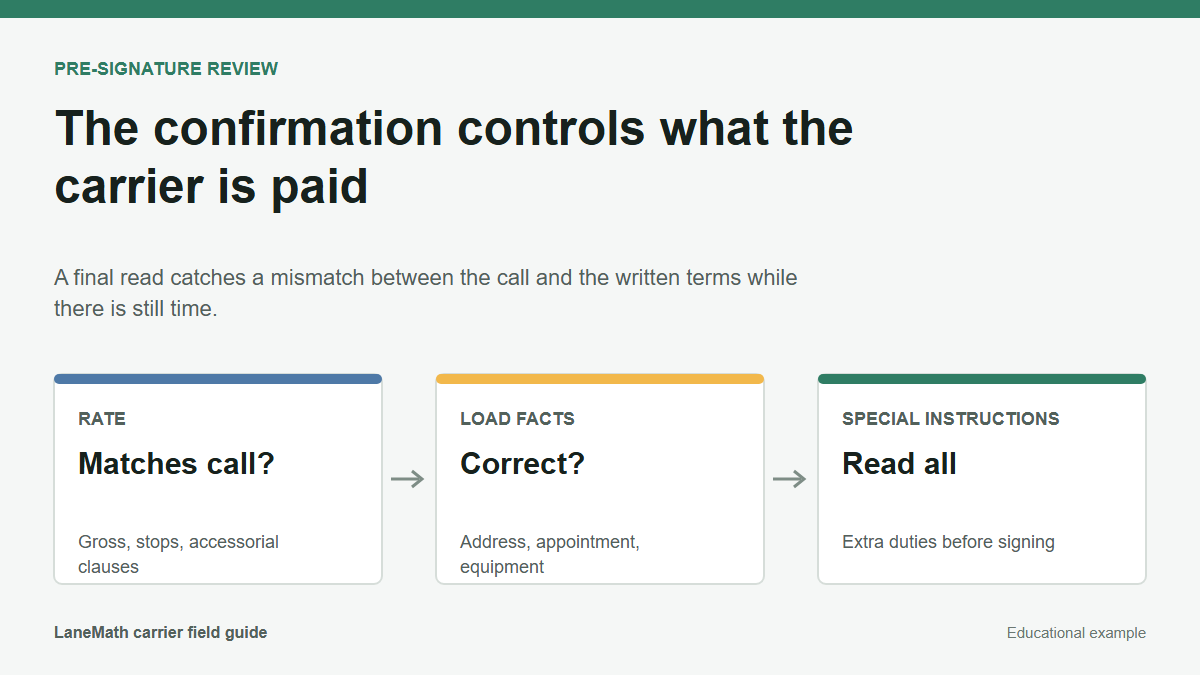Pre-signature review diagram checking rate accuracy, load facts, and special instructions